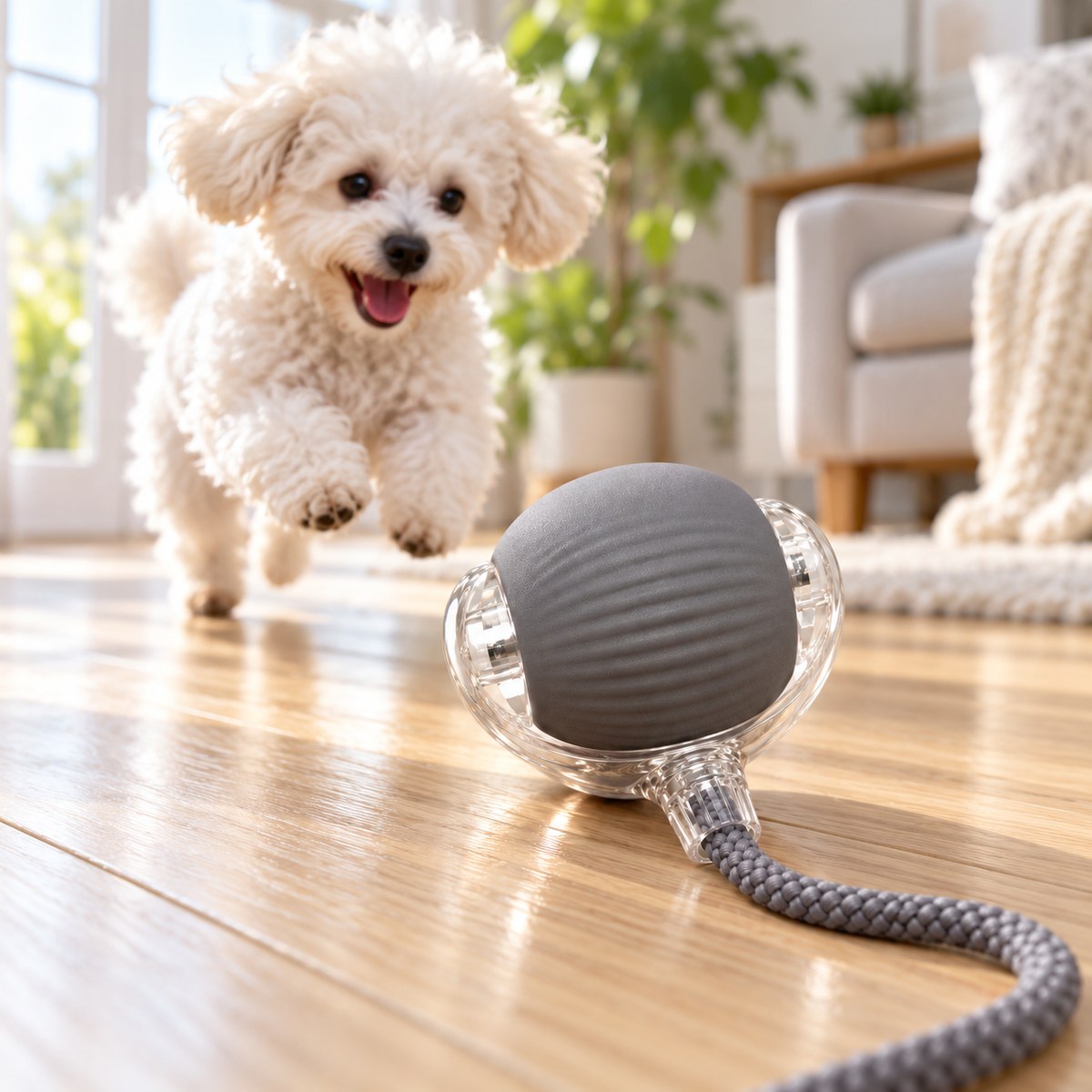 Small white poodle chasing the gray CalmNuzzle Chase Ball