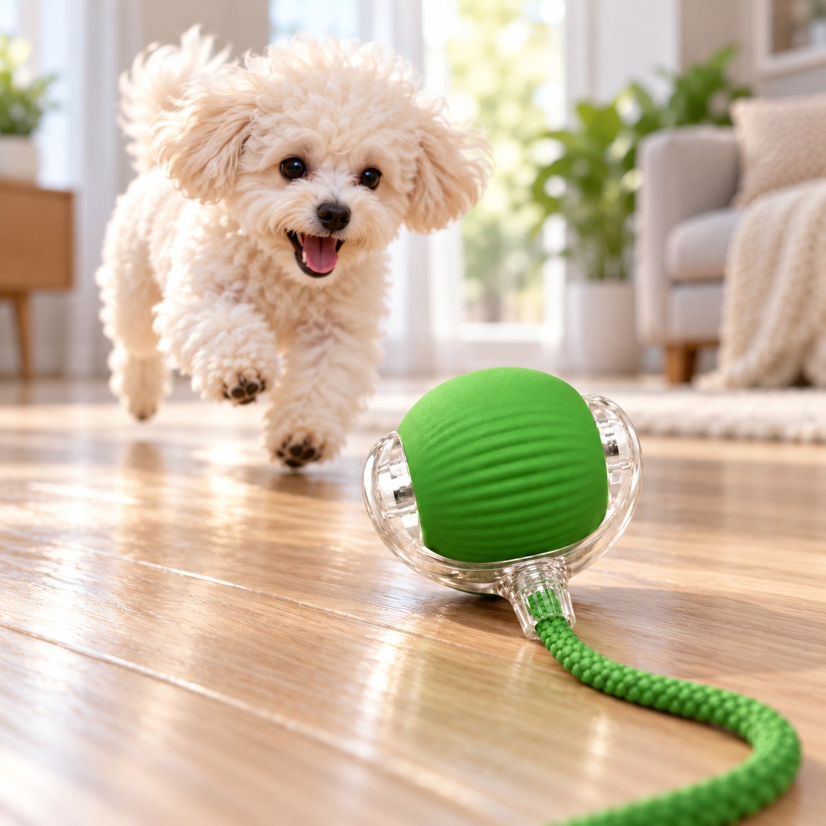 Small white poodle chasing the green CalmNuzzle Chase Ball