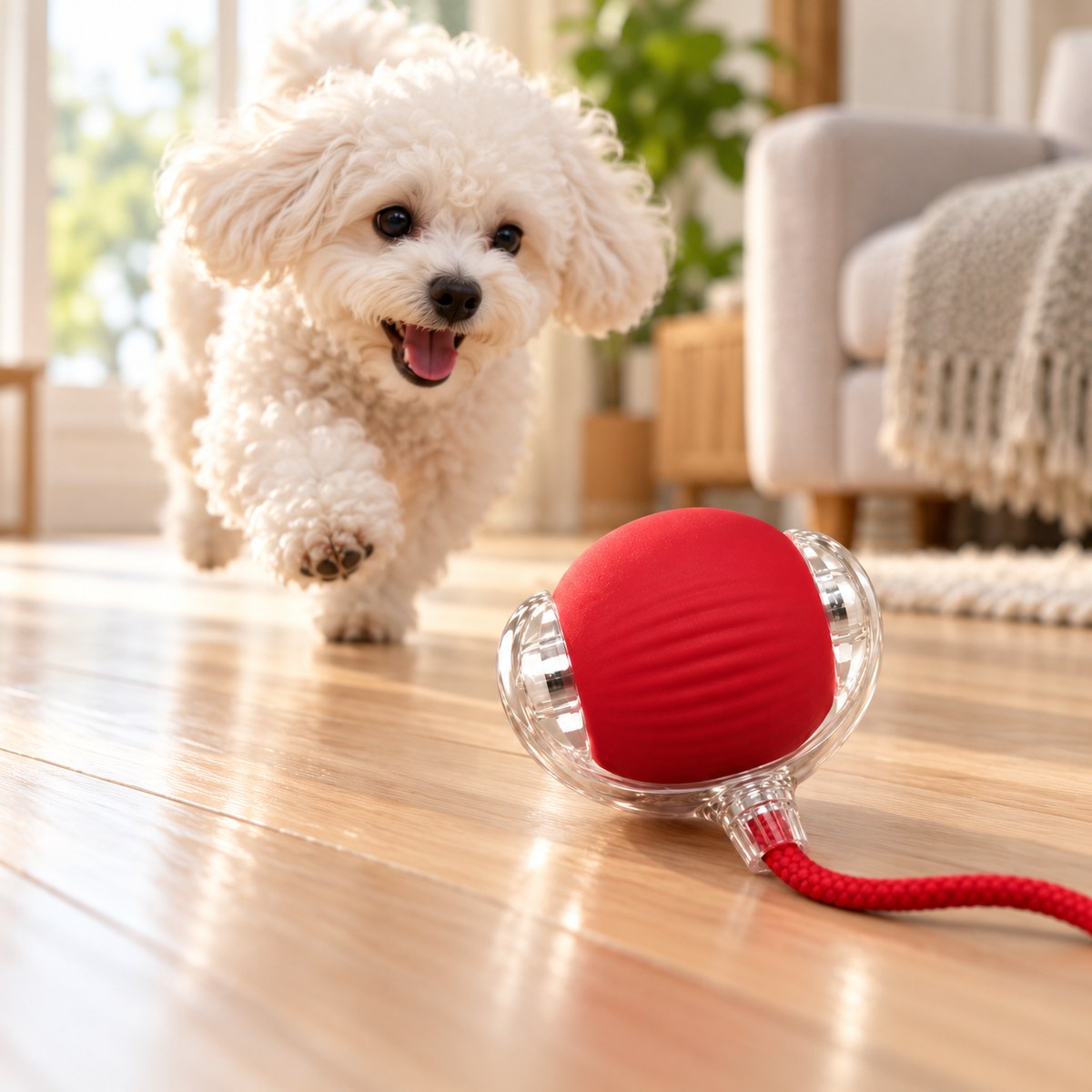 Small white poodle chasing the red CalmNuzzle Chase Ball