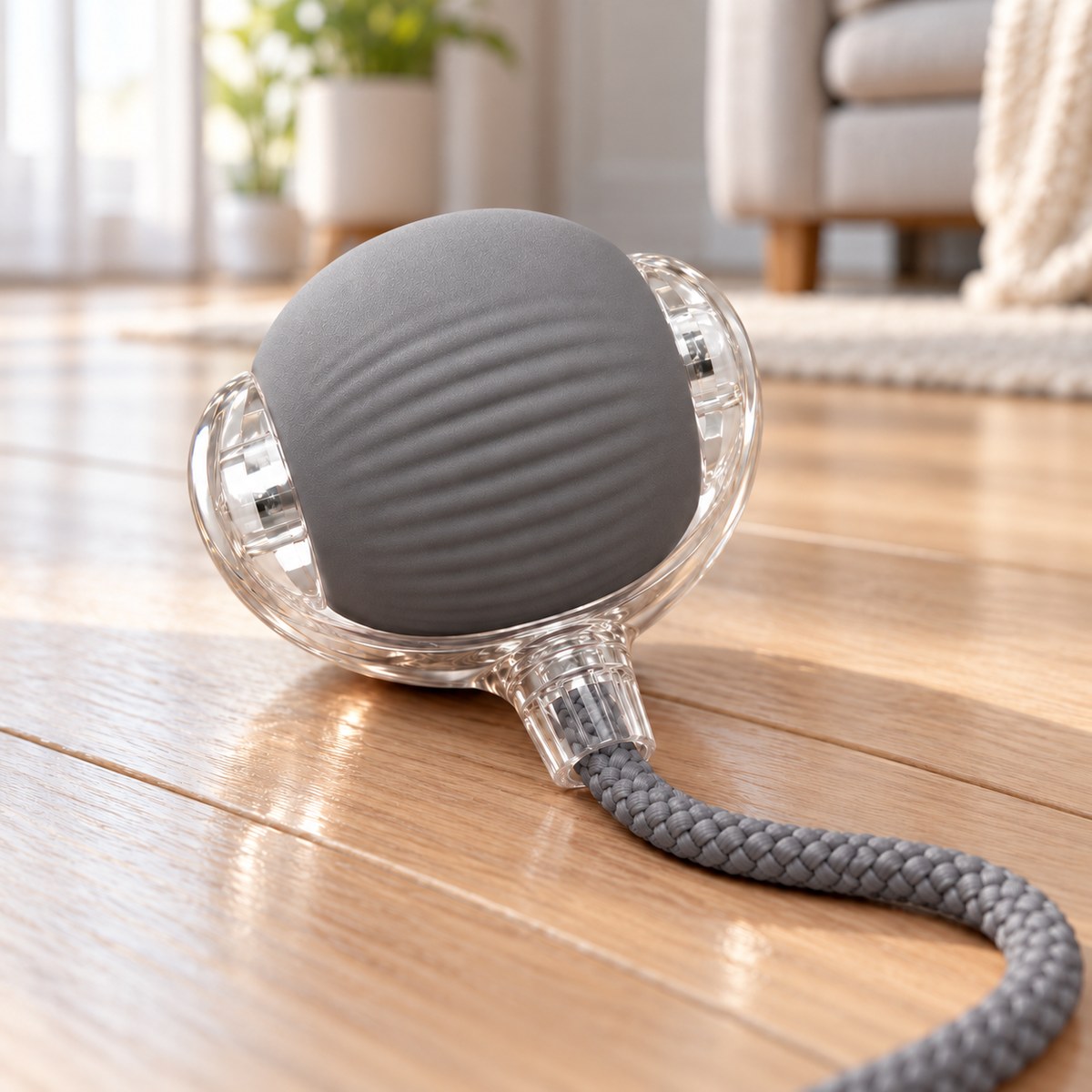 CalmNuzzle Chase Ball in gray resting on a wood floor