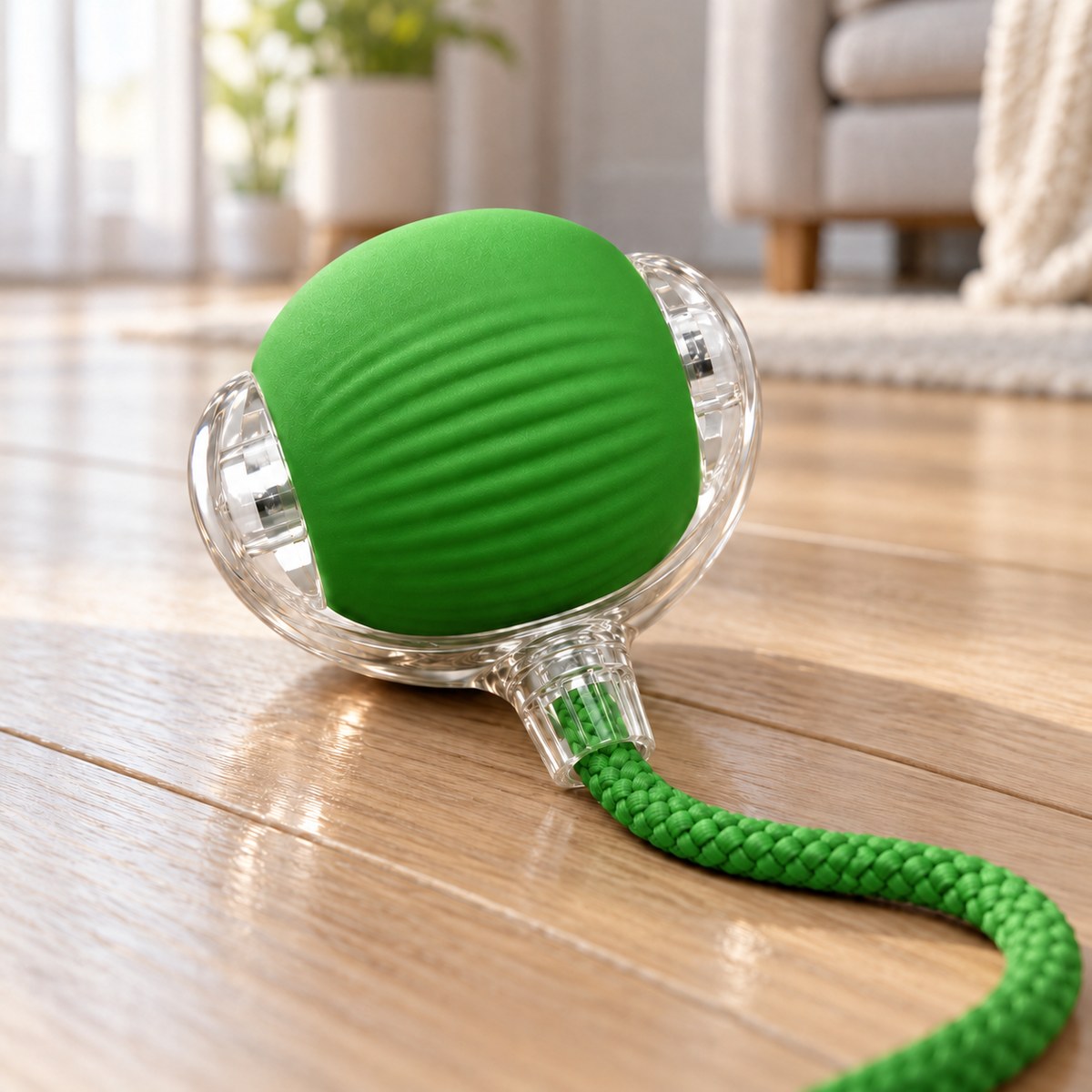 CalmNuzzle Chase Ball in green resting on a wood floor
