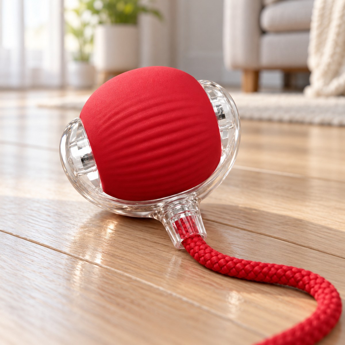 CalmNuzzle Chase Ball in red resting on a wood floor